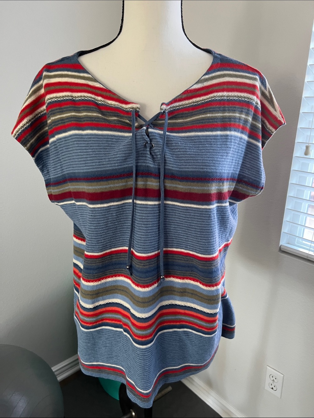 Chaps Striped Lace-Up Tunic in Blue, Red, White, Olive